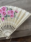 Vintage Japanese Hand Painted Pink Floral Hand Held Folding Fan With Tassel