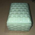Rare Vintage Fenton Jadeite Green Milk Glass Quilt Box Signed Fenton