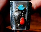 Beautiful Old Pawn Navajo Handmade Sterling Silver Turquoise   Coral Bolo Tie