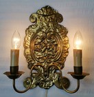 Antique Dutch Swedish Wall Sconce Light Repousse Embossed Brass Arts   Crafts