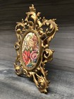 Vintage Victorian Gold Cast Iron Ornate Frame With Floral Embroidery 7 5 X 10 5   
