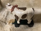 Vintage Carved Wooden Cow Pull Toy On Wheels  Hand Painted Folk Art  Primitive