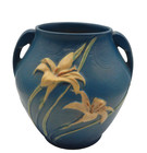 Vintage Roseville Usa Blue Art Pottery Zephyr Lily Vase  C1930 Dbl  Handle 8 5 