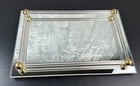 Vintage Footed Vanity Mirrored Perfume Tray W glass Rod Edging   Brass Ends