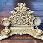 Vtg Art Nouveau Brass Double Inkwell Letter Holder 7    Ornate Intricate Cherubs