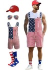Mens American Flag Denim Bib Overalls Shorts Adjustable Pocket Romper Shorts