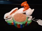 Pair Of Vintage Japanese Ceramic Parrot   Rabbits Figurines  Pin Cushion Holders