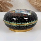 Vintage Chinese Cloisonne Round Trinket Pill Box Flowers Brass   Black Enamel