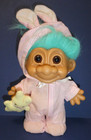 Vintage Russ 8  Easter Troll Doll In Pink white Bunny Jammies With Teddy Bear