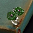 Vintage 925 Sterling Silver Green Jade Ring Flower Blossom Bypass Boho Band