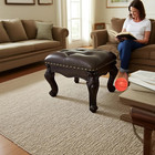 Vintage Leather Ottoman Foot Stool Solid Wood Carved Upholstered Footrest Walnut