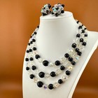 Aurora Borealis Necklace Earrings Set Glass Bead Triple Strand Black Clear Vtg