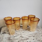 Mid Century Modern Hand Blown Amber Rim Bubble Glass Tumbler Set Of 6