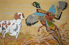 Vintage Rustic Hunting Painting On Velvet Hunting Dog   Pheasant Wood Frame Mcm