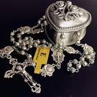 Silver Rose Beads Catholic 5 Decade Rosary Case Cross Gift Box Italy Crucifix