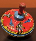 Vtg Tin Litho Spinning Top Ohio Art Rocket Ship Astronaut Red Wood Handle