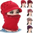 Women Bib Beanie Hat Pom Bobble Scarf Mask Set Knitted Winter Warm Snow Cap Lava