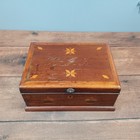 Antique Wooden Sewing Box 13in Brown Good Marquetry Inlay Star Scissors thimble