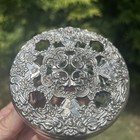 Vintage Vanity Pressed Glass Powder Jar Silver Plated Lid Trinket Jewelry Box
