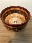 Handmade Large Wooden Footed Bowl Religious Crosses Inlay   Signed Stunning 