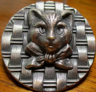 Vintage Antique French White  kitty Cat W bow weave Bkgrnd  Metal Button
