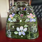 Elegant Limited Edition Green Glass Purse Trinket Box Hand Painted   Signed  89