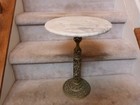 Vtg Mcm Provincial Marble Top Filigree Brass Plant Stand Tables 12 d X 17 25  L1