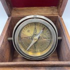 Vintage Gimbaled Nautical Brass Compass In Wood Box Maritime