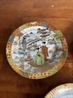 Antique Japanese Porcelain Hand Painted Geisha Mountains Plates Set Of 3