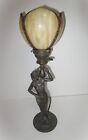 Art Deco Egyptian Women Lady Figural Lamp W  Antique Slag Glass Shade