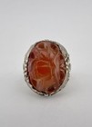 Antique Chinese Export Silver Ornate Carved Flower Carnelian Phoenix Bird Ring