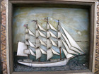 American Marine Folk Art Primitive Large Diorama Ship In Shadowbox Circa 1900