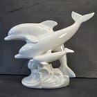 White Glazed Porcelain Dolphins Sculpture Jumping Waves Figurine Nautical Decor 