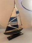    vintage Wooden Sailboat Model 24x16  Blue White Cruiser Sail Boat Nautical Deco