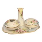 Vintage 6pc Floral Vanity Dresser Set Hat Pin  Hair Receptacle  Covered Jar Tray