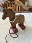 Wooden Pull Toy Horse On Wheels Farmhouse Decor Handmade Wood Carved Ribbon Mane