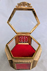Vintage French Ormolu Style Gold Metal Beveled Glass Casket Jewelry Box 