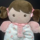 Baby Starters Soft Plush Baby Doll Brown Eyes Hair Pink Flowers Rattle Satin