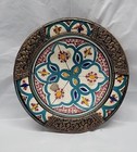 Middle Eastern Pottery   Persian Pottery Bowl Embossed Brass Edge 8 5 Inch  5509