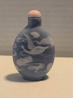 Vintage Chinese Carved Peking Glass Snuff Bottle Blue White Cranes Overlay
