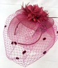 Victorian Burgundy Fascinators Hat Flower Mesh Feathers On A Headband And A Clip