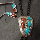 Effie Calavaza Vintage Zuni Turquoise   Coral Bolo Tie W Snake Design   Tips