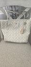 Michael Kors Mk Logo Tote Bag Grey silver Canvas Double Handles Bag Charm