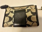 Coach Signature Logo Zip Wallet Key Ring Credit Card Case Beige Black