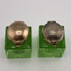 Pair Miniature Antique Green Uranium Glass And Brass Inkwells Ink Pots 7 8  2cm