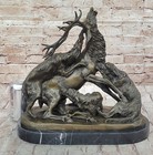 100  Solid Bronze Sculpture Confrontation Between Wildlife Stag And Few Dogs