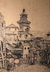Vintage Original Pen   Ink Architectural Drawing Asian Market Signed Framed Art