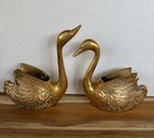  2 Brass Swan Planters W  Etched Feathering And Natural Aged Patina 8  6  Mcm 