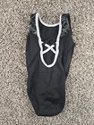 Gk Elite Girls Sz M Gymnastics Dance Leotard Black White Silver Shiny