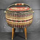 Vintage Mcm Wicker Sewing Rattan Basket Standing Footed Red Floral Top Box Japan
